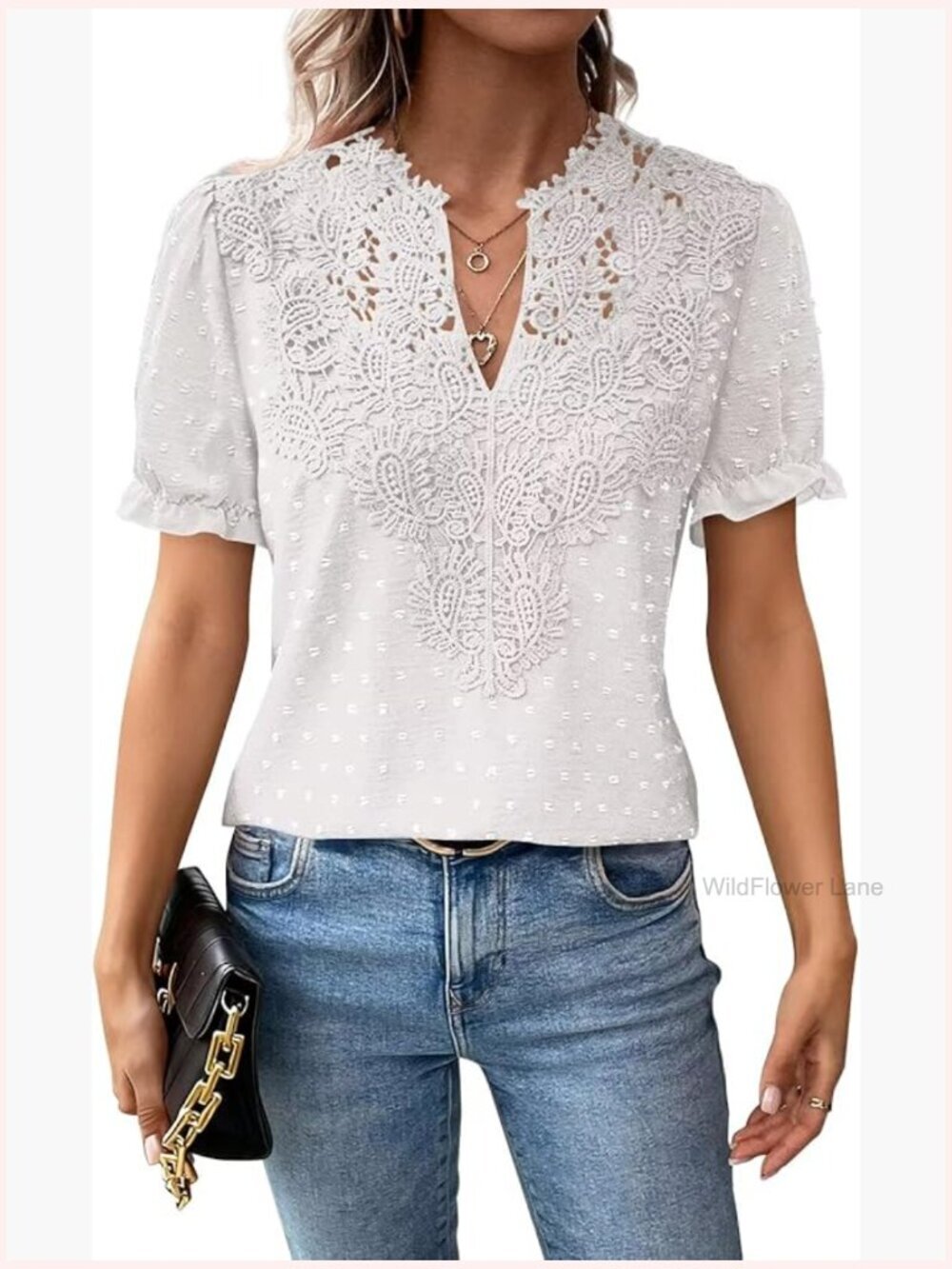 Boho Lace Tunic Peasant Top Swiss Dot Short Sleeve V-Neck